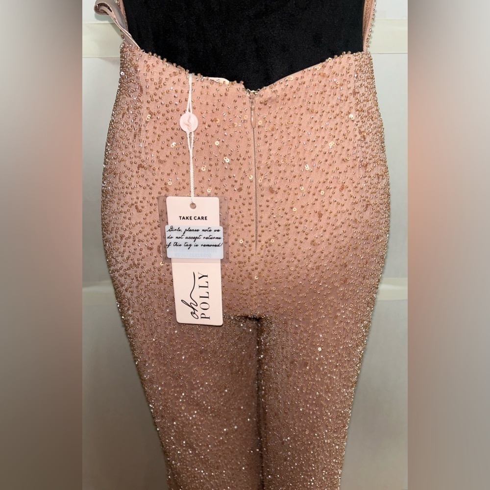 Oh Polly Embellished Plunge Neck Backless Halter Jumpsuit Beige Beaded Sequins 2 - Picture 7 of 15